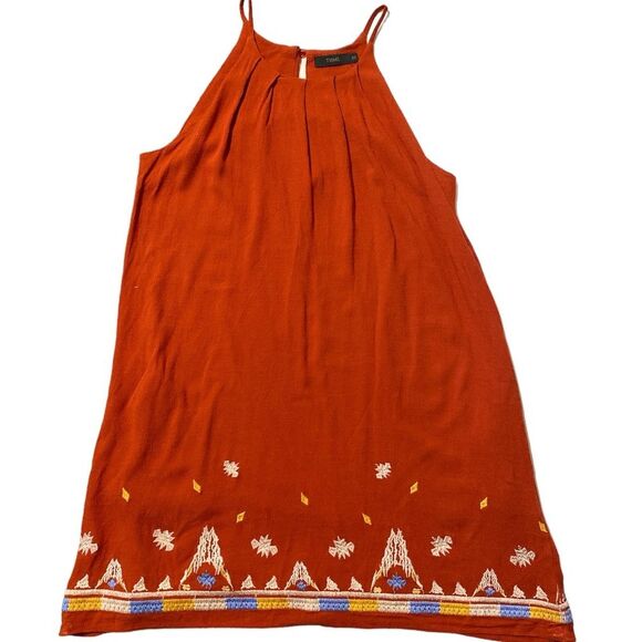 THML Orange Embroidered Hem Pleated Halter Boho Mini Dress Women's Size XS - Picture 1 of 15